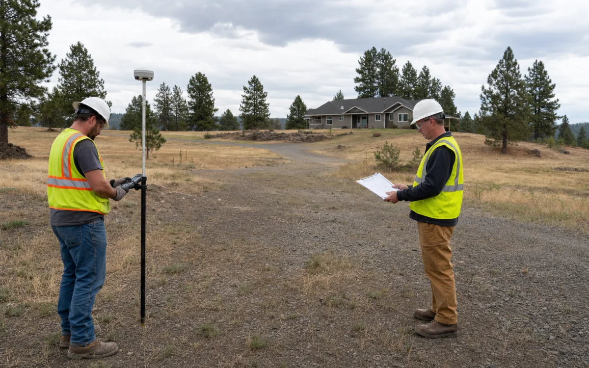 Well professionals evaluating drill access on a rural Spokane County property