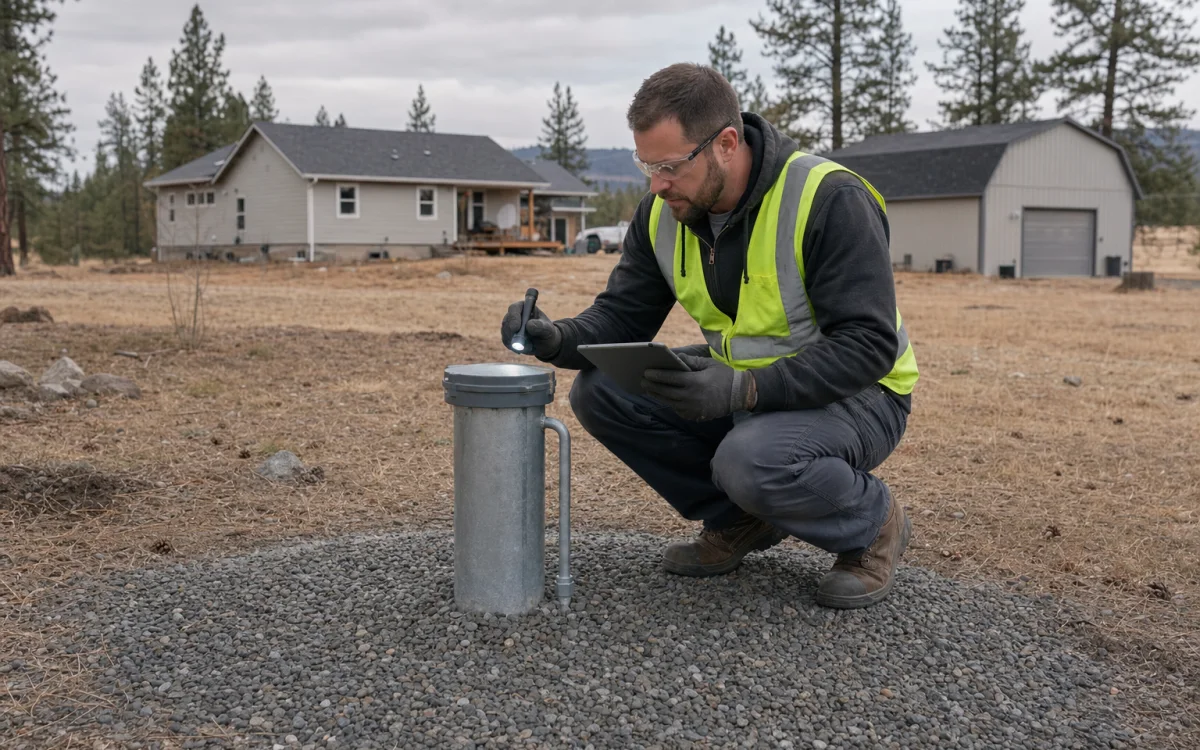 Technician inspecting a sanitary well cap on a completed Spokane County wellhead